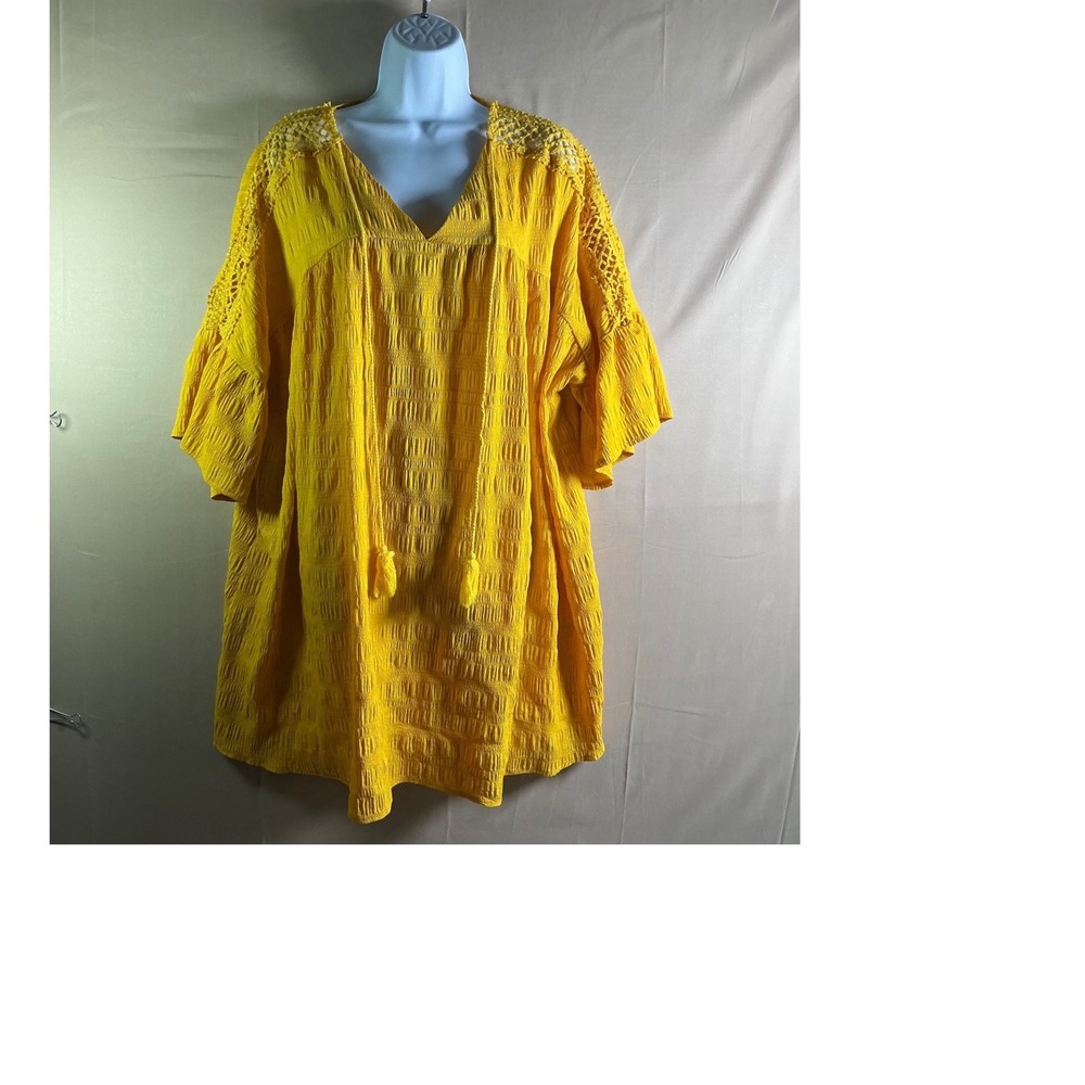 Shein Curve Yellow Smocked TunicTop 1XL Crochet LaceTassel V-Neck Flutter Sleeve